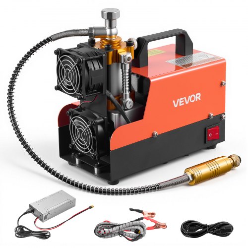 VEVOR PCP Luftkompressor 250W Luftgewehrkompressor 300bar DC 12V AC 230V, 4500PSI 30MPa, Lüfterkühlung, Manueller Stopp, Konverter für Heim & Outdoor, Hochdruckkompressor für Paintball Tauchflaschen