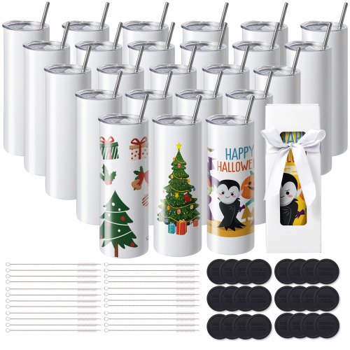 

VEVOR 24er-Pack Sublimationsbecher, 20 oz Blanko-Becher, Edelstahl-Doppelwandbecher mit Strohhalm, Deckel, Bürste, Boden, Schrumpffolie, Geschenkbox, für Wärmepresse & Wärmeübertragung