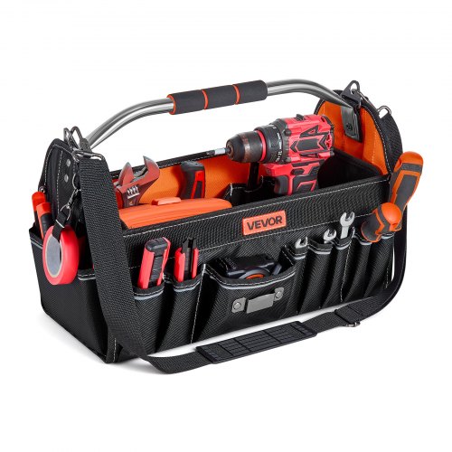 VEVOR Offene Werkzeugtasche 41x23x28cm, Aufbewahrungstasche mit 12 Innen- & 21 Außenfächern, Wasserfester Werkzeug-Organizer aus Polyester mit Schultergurt & Tragegriff, Werkzeugtrage für Handwerker