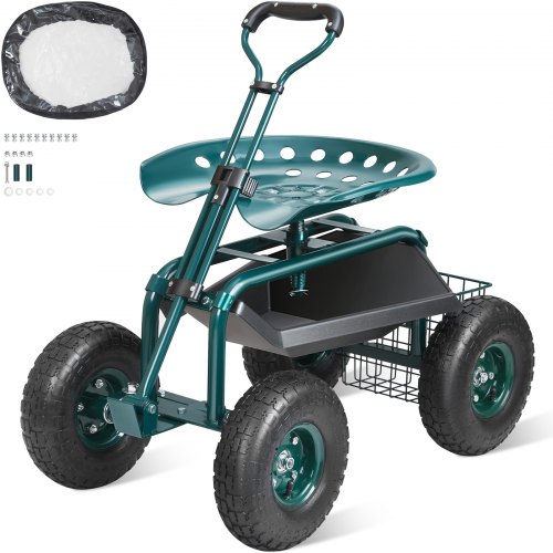 VEVOR Rollsitz Werkstattwagen aus Stahl bis 136kg belastbar Gartenwagen mit 25cm Griff und 45-54cm höhenverstellbarem Sitz Rollwagen 30PSI Reifendruck Arbeitssitz Gartensitz Grün