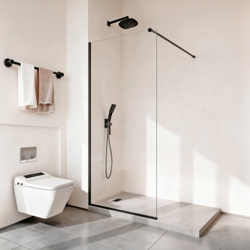 

VEVOR feststehende Duschwand aus Glas (864 x 1870 mm) teilgerahmt, 8 mm dicke, klare Sicherheitsglastür mit Bodendichtung und Beschlägen, Duschtrennwand Duschabtrennung für Badezimmer, Mattschwarz