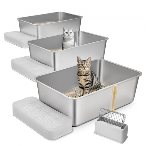 

VEVOR Katzenklo 3er-Set, 600 x 400 x 200 mm, XL extragroße Katzentoilette aus Edelstahl mit Schaufel, breitem Filter-Fußteil & hohem Rand, geruchsfreie, geruchsfreie Schalentoilette für große Katzen