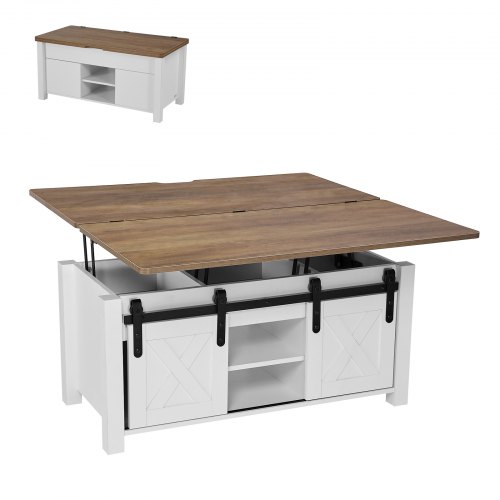 VEVOR Lift Top Couchtisch 100 cm, rustikaler Kaffeetisch mit Scheunentor & verstecktem Staufach, rechteckige Hubtischplatte für Wohnzimmer Büro Zuhause, Wohnzimmertisch Sofatisch Braun + Weiß