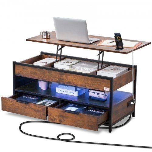 VEVOR Couchtisch mit anhebbarer Platte, 39,4 Zoll großer rechteckiger Couchtisch mit zusätzlichen Aufbewahrungstaschen, aufklappbarer Couchtisch mit Steckdosenleiste & USB & Ambientebeleuchtung für das Wohnzimmer, braun