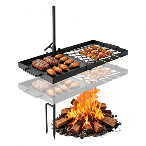 VEVOR Schwenkbarer Lagerfeuergrill mit Grillrost 61 cm Kohlenstoffstahl, 360° Höhenverstellbarer Schwenkgrill mit Grillständer, Drehbarer Outdoor-Grill für Offenes Feuer, Camping und Garten, Schwarz