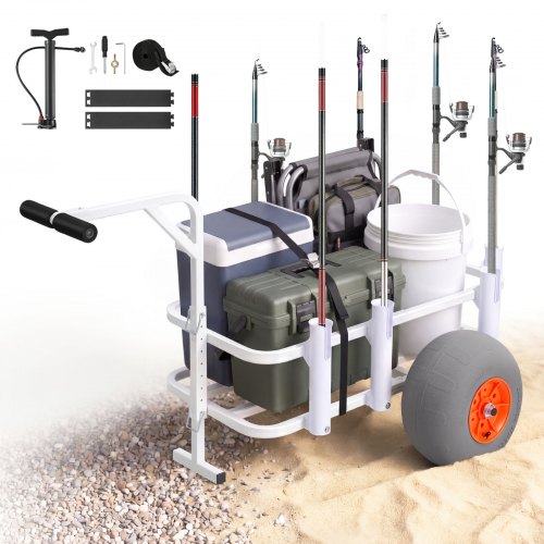 VEVOR Angelwagen Faltbar, 136kg Belastbarer Bollerwagen mit 2 PU-Luftreifen für All-Terrain, Transportwagen mit Alugestell & 8 Rutenhaltern, Multifunktionale Transportkarre für Angeln Camping Strand