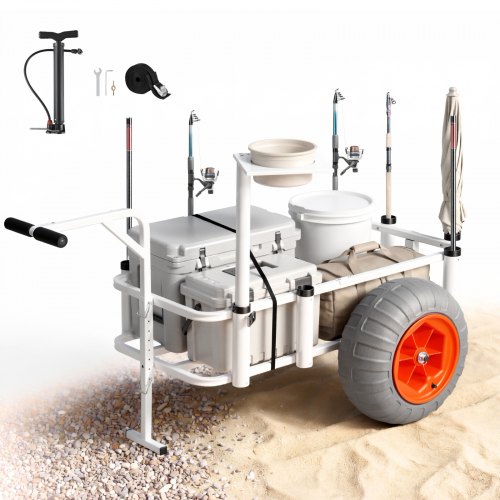 VEVOR Angelwagen Faltbar, 159kg Belastbarer Bollerwagen mit 2 PU-Luftreifen für All-Terrain, Transportwagen mit Alugestell & 8 Rutenhaltern, Multifunktionale Transportkarre für Angeln Camping Strand