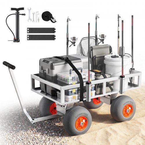 VEVOR Angelwagen Faltbar, 159kg Belastbarer Bollerwagen mit 4 PU-Luftreifen für All-Terrain, Transportwagen mit Alugestell & 6 Rutenhaltern, Multifunktionale Transportkarre für Angeln Camping Strand