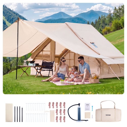 VEVOR Aufblasbare Zelte für Camping 3x2x2 m, 3–5 Personen, 300D Oxford 4-Jahreszeiten-Glamping-Zelt mit Baldachin, Handpumpe, Ofenanschluss, 2 Türen & 2 Netzfenstern (Aufbewahrungstasche inkl.)