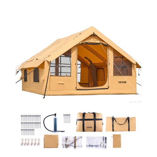 VEVOR Aufblasbares Zelt für Camping, 5-8 Personen Zelt mit Handpumpe, 4x3x2,2 m Glamping-Zelt mit 2 Oberlichtern, Baldachin, Ofenanschluss, 2 Türen, Netzfenstern & Aufbewahrungstasche