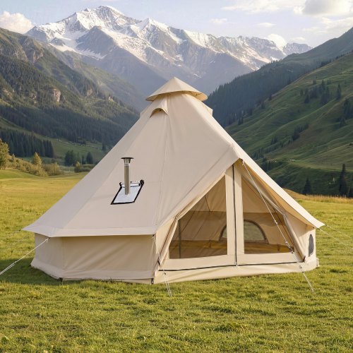 VEVOR Oxford Glockenzelt, 5 m Jurte, 4 Jahreszeiten, mit Ofenrohrdurchführung, bis zu 7 Personen, mit Abnehmbarem Boden (Reißverschluss), Ideal für Familien-Camping & Outdoor-Aktivitäten, Beige