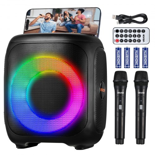 VEVOR Karaoke Maschine, 15 W, tragbarer 10 cm Bluetooth-Lautsprecher mit 2 Mikrofonen, LED, TWS-Funktion, Griff, unterstützt Micro-TF-Karte, USB, AUX, für Karaoke-Party-Gesang zu Hause