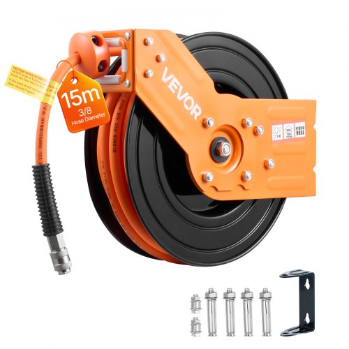 VEVOR Druckluft Schlauchtrommel, 15 m x 3/8 Zoll Hybrid-Druckluftschlauch, Schlauchaufroller 20 bar, Automatische Schlauchaufwicklung mit 1 m Zuleitung, 180° schwenkbare Decken-/Wandhalterung