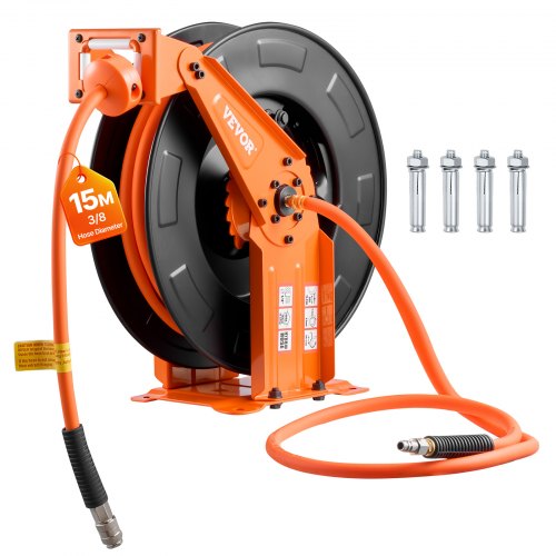 VEVOR Druckluftschlauchtrommel, Schlauchaufroller 15 m x 9,5 mm Hybrid-Druckluftschlauch, 20 bar, Automatische Schlauchaufwicklung mit 1,52 m Zuleitung, Decken-/Wandmontage, Doppelarm aus Stahl