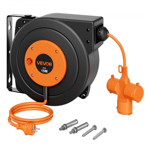 VEVOR Kabeltrommel 15 m 3000 W Automatischer Kabelaufroller 16 AWG/3-adrig, zur Decken-/Wandmontage, 3 Steckdosen, 56 °C Überhitzungsschutz, Beleuchtete Dreifachsteckdose, mit 180°-Schwenkhalterung