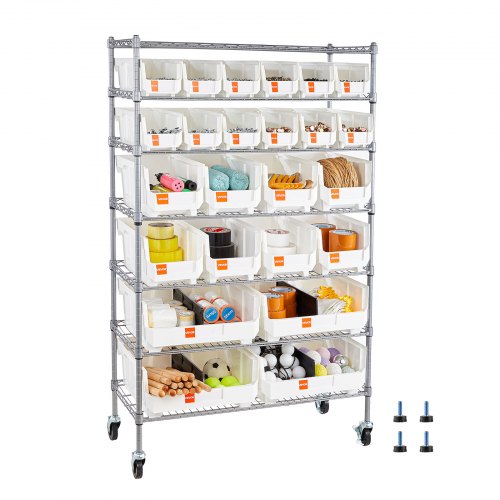 VEVOR Standregal, Lagerregal mit 7 Ebenen & 24 Stapelboxen, Bücherregal, Küchenregal mit Rollen, Werkzeugaufbewahrung für Garage, Lager, Büro, Restaurant, Klassenzimmer, Küche, 355x900x1480 mm