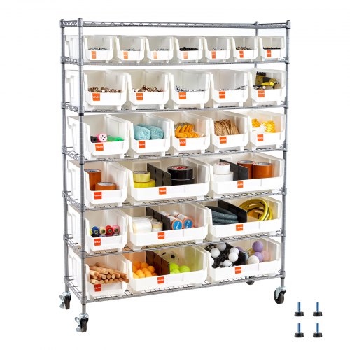 VEVOR Standregal, Lagerregal mit 7 Ebenen & 26 Stapelboxen, Bücherregal, Küchenregal mit Rollen, Fahrregal für Garage, Lager, Büro, Restaurant, Klassenzimmer, Küche, 355x1110x1480 mm