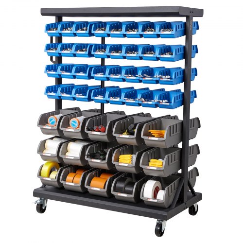 VEVOR Fahrregal mit Stapelboxen Set, Mobiler Werkzeugorganizer mit 7 Ebenen & 94 Sortimentskästen für Kleinteile in zwei Größen, 900x500x1245mm, doppelseitig, für Werkstatt, Garage, Lager & Büro