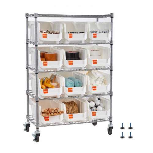VEVOR Standregal, Lagerregal mit 5 Ebenen & 12 Stapelboxen, Regalsystem mit Rollen, mobile Werkzeugaufbewahrung für Garage, Lager, Büro, Restaurant, Klassenzimmer, Küche