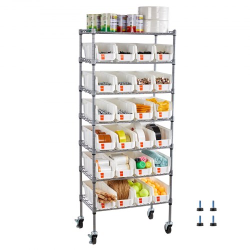 

VEVOR Standregal, Lagerregal mit 7 Ebenen & 24 kleinen Stapelboxen, Bücherregal, Küchenregal mit Rollen, Werkzeugorganizer für Garage, Büro, Restaurant, Klassenzimmer, Küche, 600x350x1480mm