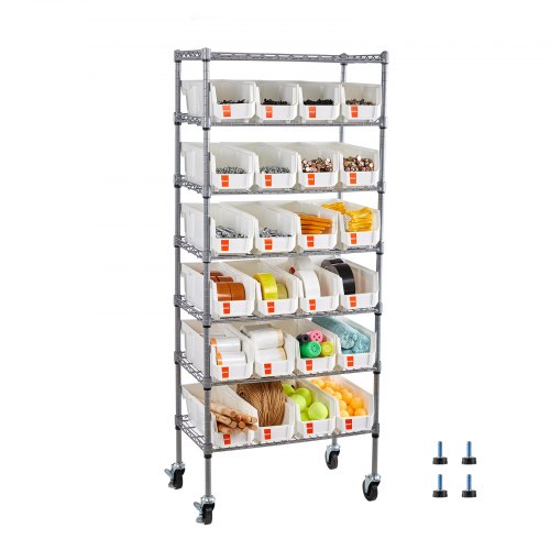 VEVOR Standregal, Lagerregal mit 7 Ebenen & 24 kleinen Stapelboxen, Bücherregal, Küchenregal mit Rollen, Werkzeugorganizer für Garage, Büro, Restaurant, Klassenzimmer, Küche, 600x350x1480mm
