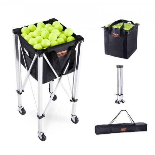 

VEVOR Faltbarer Tennisballbehälter, fasst 150 Tennisbälle, leichter Tennisballkorbwagen aus Aluminiumlegierung mit Rädern, abnehmbare Tasche, Tragetasche, tragbarer Sport-Lehrwagen für Tennisspieler