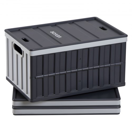 

VEVOR Klappboxen 65 L 3er-Pack, Faltbare Aufbewahrungsboxen aus Kunststoff, Stapelbare Klappkörbe mit Deckel, Tragkraft 38 kg pro Box, Klappkisten, Ideal für Haushaltsorganisation, Grau & Schwarz