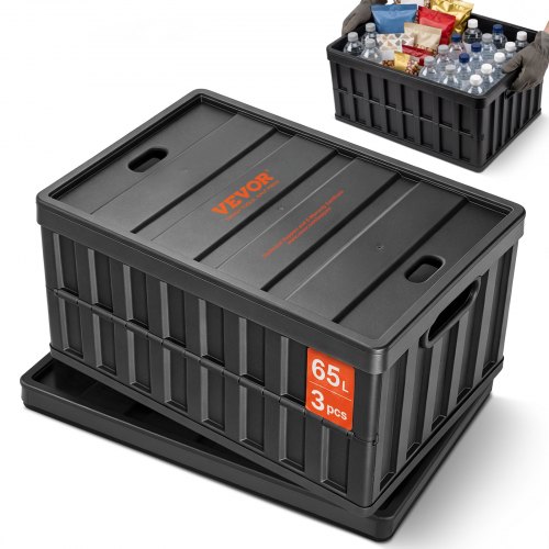 VEVOR 3er-Set 65L Profi Klappbox aus PP Transportbox mit Deckel Faltbarer Aufbewahrungsbox mit Handgriff Stapelbare Kisten Storage Box Faltboxen Stapelboxen für Aufbewahrung & Transport