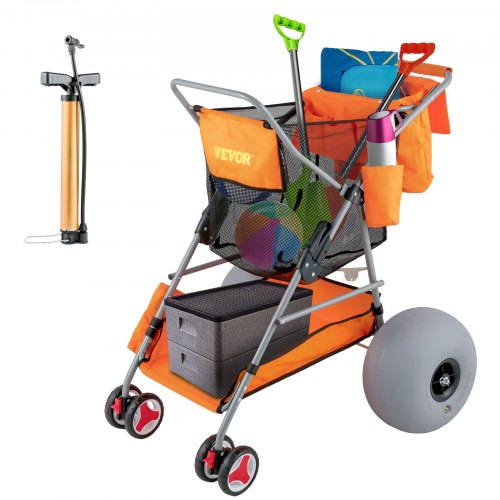 VEVOR Beach Wonder Wheeler, 30,5 cm All-Terrain Ballonräder, 159,8 kg Strandwagen für Sand, Strandbuggy mit Flip Flop Halter, Aufbewahrungstasche, 2 Strandstuhlhalter, Orange