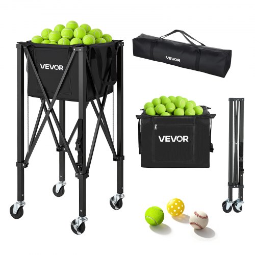 VEVOR Tennisballwagen Faltbar, Tennisballkorb für 120 Tennisbälle, Klappbarer Ballwagen mit Rahmen aus Aluminiumlegierung & Tragetasche, Mobiler Ballkorb mit Rollen für Training Aufbewahrung, Schwarz