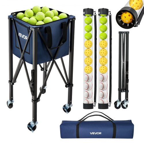 VEVOR Tennisballwagen Faltbar, Tennisballkorb für 150 Tennisbälle oder 260 Pickleballs, Ballwagen mit Rahmen aus Aluminiumlegierung Tragetasche & Sammelrohr, Ballkorb mit Rollen für Training, Schwarz