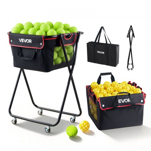 

VEVOR Tennisballwagen Faltbar, Tennisballkorb für 175 Tennisbälle oder 290 Pickleballs, Klappbarer Ballwagen mit Rahmen aus Kohlenstoffstahl & Tragetasche, Ballkorb mit Rollen für Training, Schwarz