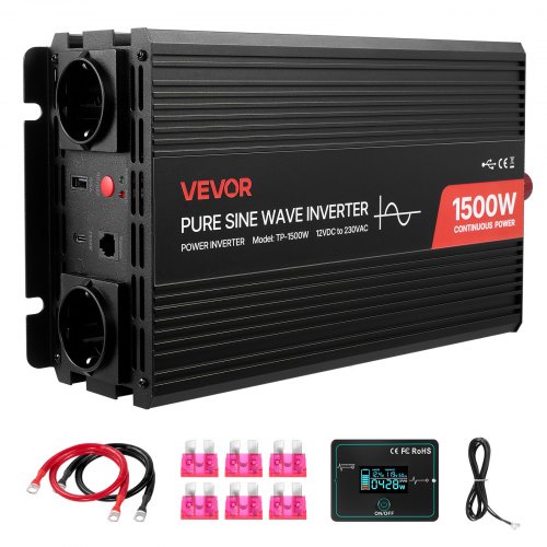 VEVOR 1500-W-Wechselrichter, 12 V DC auf 230 V AC, reiner Sinus-Wechselrichter, mit Fernbedienung, USB- & Typ-C-Anschlüsse, 2 AC-Steckdosen, Schnellladung für RV, LKW, Outdoor-Camping