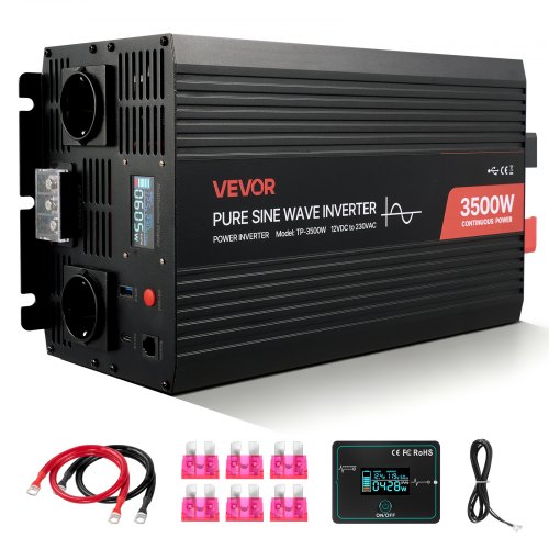 VEVOR 3500 W Wechselrichter, 12 V DC auf 230 V AC, reiner Sinus-Wechselrichter, Solar-Autoladegerät-Konverter mit LCD-Display, Fernbedienung, USB-Anschluss, 2 AC-Steckdosen, Typ-C-Anschluss