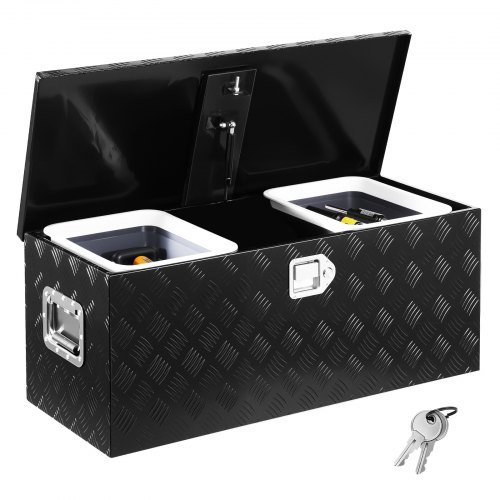 

VEVOR Werkzeugkasten aus Aluminium für die Ladefläche, gestreifte Werkzeugkiste (899 x 370 x 370 mm) mit seitlichem Griff & ausziehbarem Regal, Aufbewahrungs-Organizer für Anhänger Schwarz