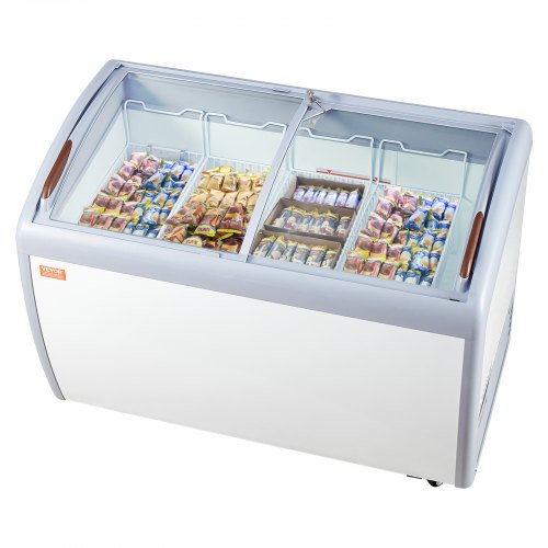 

VEVOR Kommerzielle Eiscreme-Vitrine, 362 L Gefriertruhe, Mobiler Tiefkühlschrank mit Glasplatte, Restaurant-Gelato-Tauchschrank mit 4 Drahtkörben, 2 Glasschiebetüren, Feststellrollen, Weiß