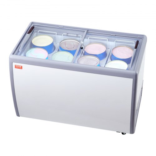 

VEVOR Kommerzielle Eiscreme-Vitrine, 370 L Gefriertruhe, Mobiler Tiefkühlschrank mit Glasplatte, Restaurant-Gelato-Tauchschrank mit 8 Großen Behältern, 2 Glasschiebetüren, Feststellrollen, Weiß