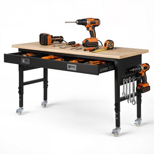 VEVOR Werkbank 1524x610 mm, Arbeitstisch 680 kg, Werktisch 760-1010 mm Höhenverstellbar, Garagentisch mit Schublade, Steckdose, Rollen & Lochwand, Werkstatttisch für Garage, Werkstatt, Büro