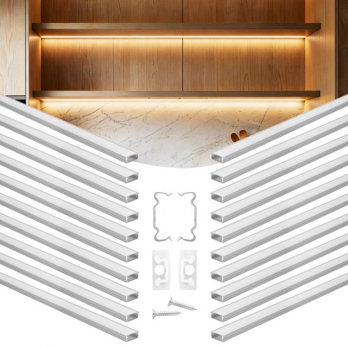 VEVOR LED Profil 20er-Pack 1 m, Eloxierte Aluminiumprofile mit Milchiger Abdeckung, Endkappen & Befestigungsclips, Kanäle, Diffusor für LED-Streifen, Ideal für Unterbau-Arbeitsplatten, U Form