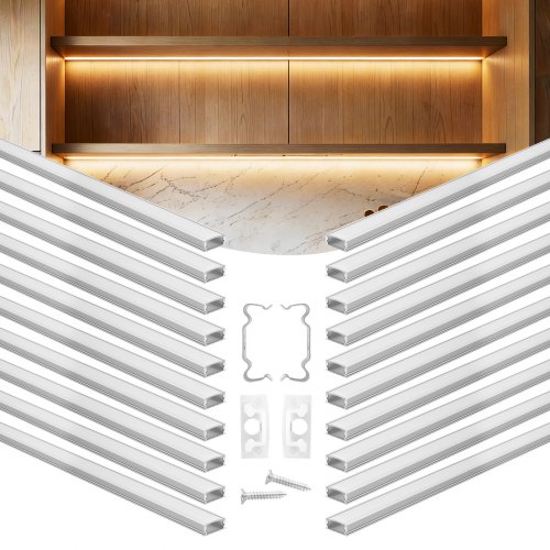 VEVOR LED Profil 20er-Pack 2 m, Eloxierte Aluminiumprofile mit Milchiger Abdeckung, Endkappen & Befestigungsclips, Kanäle, Diffusor für LED-Streifen, Ideal für Unterbau-Arbeitsplatten, U-Form