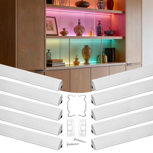 VEVOR LED Profil 10er-Pack 2 m, Eloxierte Aluminiumprofil mit Milchiger Abdeckung, Endkappen & Befestigungsclips, Kanäle, Diffusor für LED-Streifen, Ideal für Unterbau-Arbeitsplatten, V Form