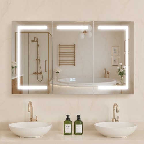 

VEVOR beleuchteter Medizinschrank mit Spiegel (100 x 60 cm), 3-farbig dimmbarer LED-Badezimmerschrank mit Spiegel aus gehärtetem Glas, Memory-Funktion/2 verstellbare Regale/Steckdosen und USBs