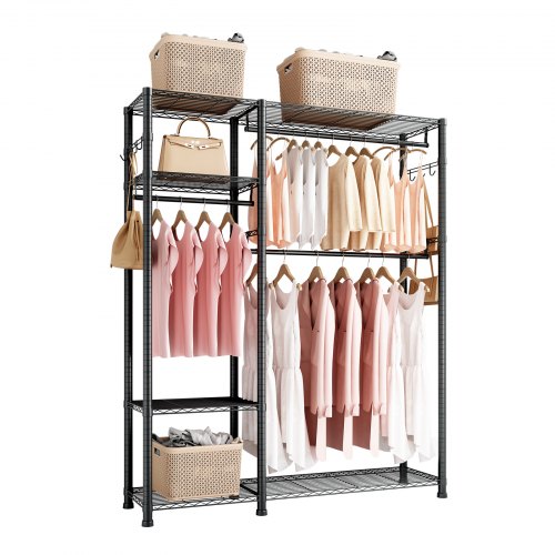 VEVOR Kleiderständer Garderobenständer (verstellbar) mit 3 Kleiderstangen & 363 kg Tragkraft & 6 Regalen & 8 Haken, offener Kleiderschrank für Schlafzimmer Bekleidungsgeschäft Garderobe Flur