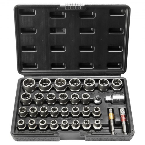 

VEVOR Bolzenausdreher-Set, 29-teiliges Bolzen- und Muttern-Entferner-Set, 6mm bis 10mm, 10,3mm bis 19,05mm, Auszieh-Steckschlüsselsatz aus CR-MO-Stahl mit Aufbewahrungskoffer, Mutter zum Entfernen