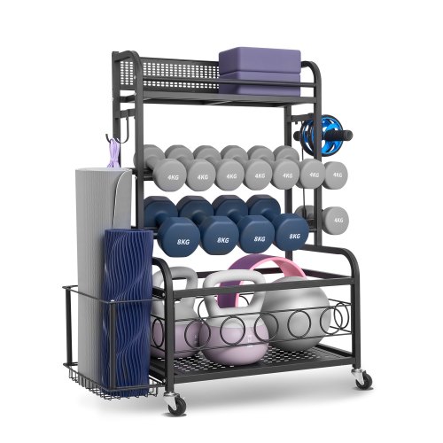 

VEVOR Heimgymnastik Aufbewahrungsregal Aufbewahrungsständer Yogamattenhalter (4 Schichten), Yogamatten Gewichtheben Rack mit Rädern & Haken, Hantel Gewichtheben Rack für Heimübung Fitnessgeräte