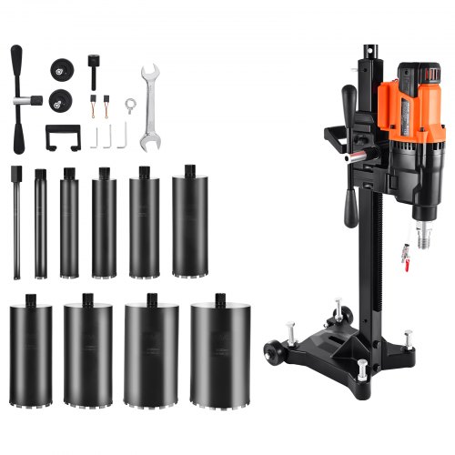 VEVOR Diamantkernbohrmaschine Kernbohrgerät, 26 cm max. Bohrdurchmesser, Nass Trocken Diamantbohrer mit 10 Bohrern & Bohrständer, einstellbare Drehzahl, UNC1 1/4-7 Gewinde, für Beton Ziegel, 2500 W