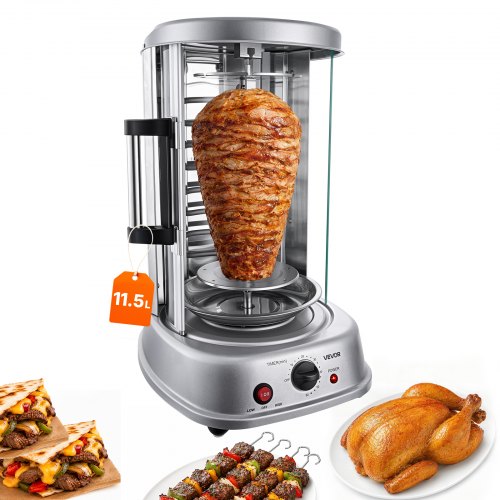 VEVOR Vertikaler Dönergrill 11,5 L 1500 W Gyrosgrill Kebab Shawarma Silber für Kleine Haushalte, 190 °C Maximaltemperatur, Timer 0-60 Minuten, Sicherheitsglastür, Tropfschale, Drehgabeln und Spieße