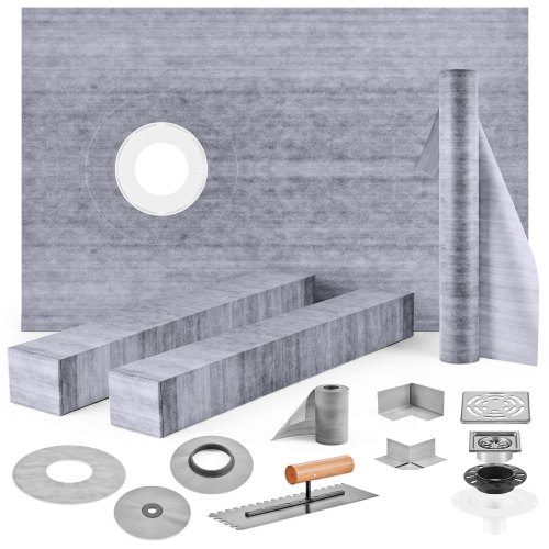 VEVOR Duschschwellen-Set, 96,5 x 152,4 cm, wasserdichte Duschschwellenauflage mit 10,2 cm PVC-Versatz-Klebeflansch, 10,2 cm Edelstahlgitter, 2 zuschneidbare Duschschwellen und Kelle, Duschwannen-Gefällestäbe, passend für Badewanne