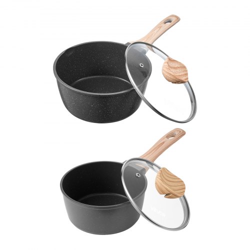 

VEVOR antihaftbeschichteter Kochtopf Stielkasserolle Set mit Glasdeckel (1,42 L + 2,37 L), Suppentopf Gemüsetopf mit abnehmbarem Griff, Milchtopf aus Aluminiumlegierung Gemüsetopf, Schwarz