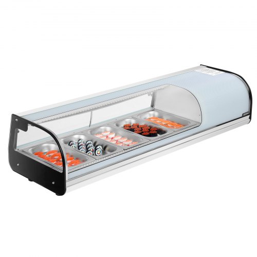 VEVOR Sushi Kühlvitrine 52 L kommerzielle Vitrine Kühlaufsatzvitrine (5 Pfannen) mit gebogenem Glas & LED-Beleuchtung & digitaler Temperaturregelung, Kühlschrank für Theke Restaurant Geschäft